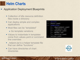 78
© 2018 Brent Laster@BrentCLaster
Helm Charts
§ Collection of k8s resource definition
files inside a directory
§ Can deploy simple and complex
applications
§ Most files can be “templated”
» Go template variations
§ Values to instantiate in templates
come from values.yaml or command
line overrides
§ _helpers.tpl is a helper template file
that can define “functions”
§ Can have directories of chart
directories
§ Application Deployment Blueprints
 