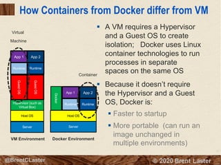17
© 2018 Brent Laster@BrentCLaster
How Containers from Docker differ from VM
§ A VM requires a Hypervisor
and a Guest OS to create
isolation; Docker uses Linux
container technologies to run
processes in separate
spaces on the same OS
§ Because it doesn’t require
the Hypervisor and a Guest
OS, Docker is:
§ Faster to startup
§ More portable (can run an
image unchanged in
multiple environments)
Server
Host OS
Docker
RuntimeRuntime
App 1 App 2
App 1 App 2
Server
Host OS
Hypervisor (such as
Virtual Box)
GuestOS
GuestOS
Runtime Runtime
VM Environment Docker Environment
Virtual
Machine
Container
 