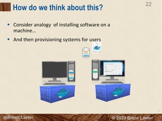 22
© 2018 Brent Laster@BrentCLaster
22
How do we think about this?
§ Consider analogy of installing software on a
machine…
§ And then provisioning systems for users
User R/W
User R/W
 