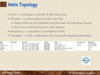 79
© 2018 Brent Laster@BrentCLaster
Helm Topology
§ Chart – a package; a bundle of K8s resources
§ Release – a chart instance loaded into K8s
» Same chart can be installed several times into the same cluster
» Each such chart will have its own release
§ Repository – a repository of published charts
§ Template - a K8s configuration file mixed with Go/Sprig templates
 