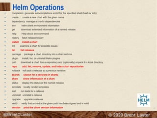 80
© 2018 Brent Laster@BrentCLaster
Helm Operations
§ completion generate autocompletions script for the specified shell (bash or zsh)
§ create create a new chart with the given name
§ dependency manage a chart's dependencies
§ env helm client environment information
§ get download extended information of a named release
§ help Help about any command
§ history fetch release history
§ install install a chart
§ lint examine a chart for possible issues
§ list list releases
§ package package a chart directory into a chart archive
§ plugin install, list, or uninstall Helm plugins
§ pull download a chart from a repository and (optionally) unpack it in local directory
§ repo add, list, remove, update, and index chart repositories
§ rollback roll back a release to a previous revision
§ search search for a keyword in charts
§ show show information of a chart
§ status display the status of the named release
§ template locally render templates
§ test run tests for a release
§ uninstall uninstall a release
§ upgrade upgrade a release
§ verify verify that a chart at the given path has been signed and is valid
§ version print the client version information
 