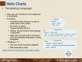 83
© 2018 Brent Laster@BrentCLaster
Helm Charts
§ Also can use “functions” and “pipelines”
in templates
§ Functions
» Transform data values in a way to
make them more useful
» Ex: drink: {{ quote
.Values.favorite.drink }}
» Calling quote function and passing
1 argument
» Helm has over 60 built-in functions
from Go template language or Sprig
templates
§ Pipelines = “|”
» Lets you chain functions together
» See example to right
https://helm.sh/docs/chart_template_guide/
§ Templating Language
Values file
Templates file
Rendered file
 