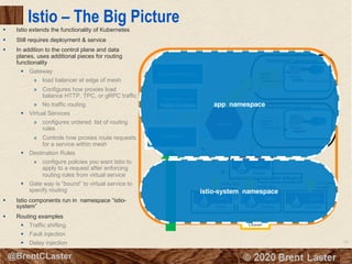 99
© 2018 Brent Laster@BrentCLaster
Adapter (plugin)
Istio – The Big Picture
§ Istio extends the functionality of Kubernetes
§ Still requires deployment & service
§ In addition to the control plane and data
planes, uses additional pieces for routing
functionality
§ Gateway
» load balancer at edge of mesh
» Configures how proxies load
balance HTTP, TPC, or gRPC traffic
» No traffic routing
§ Virtual Services
» configures ordered list of routing
rules
» Controls how proxies route requests
for a service within mesh
§ Destination Rules
» configure policies you want Istio to
apply to a request after enforcing
routing rules from virtual service
§ Gate way is “bound” to virtual service to
specify routing
§ Istio components run in namespace “istio-
system”
§ Routing examples
§ Traffic shifting
§ Fault injection
§ Delay injection
Cluster
Microservice1
Deployment app-current
Mixer
CitadelGalleyPilot
Config data
to proxies Config data
TLS certs to
proxies
VirtualService
DestinationRules
Deployment app-new
metadata:
labels:
version: current
metadata:
labels:
version: new
Traffic ShiftingFault InjectionDelay Injection
Service
Gateway
app namespace
istio-system namespace
 