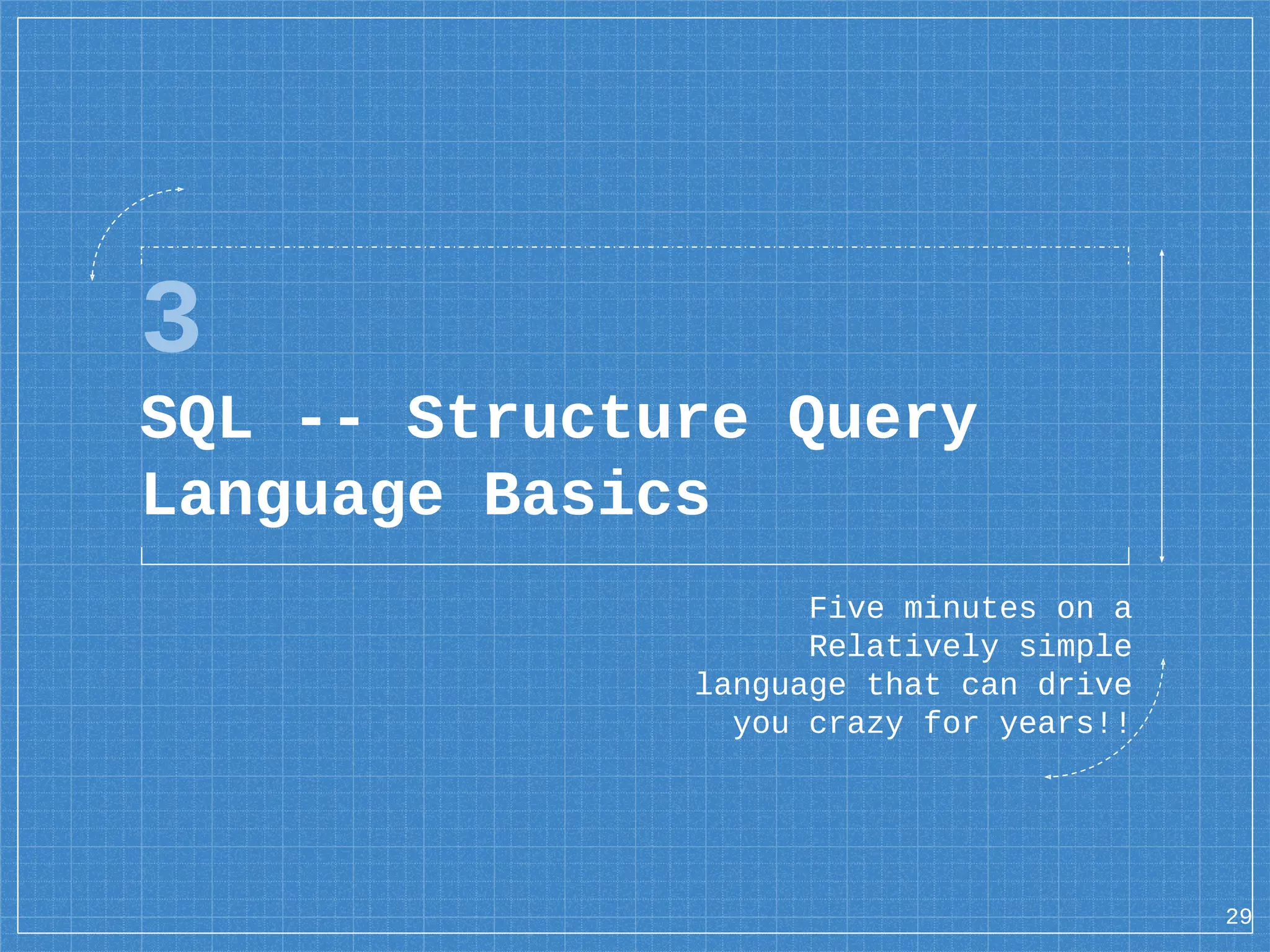 3 SQL -- Structure Query Language Basics Five minutes on a Relatively simple language that can drive you crazy for years!! 29 