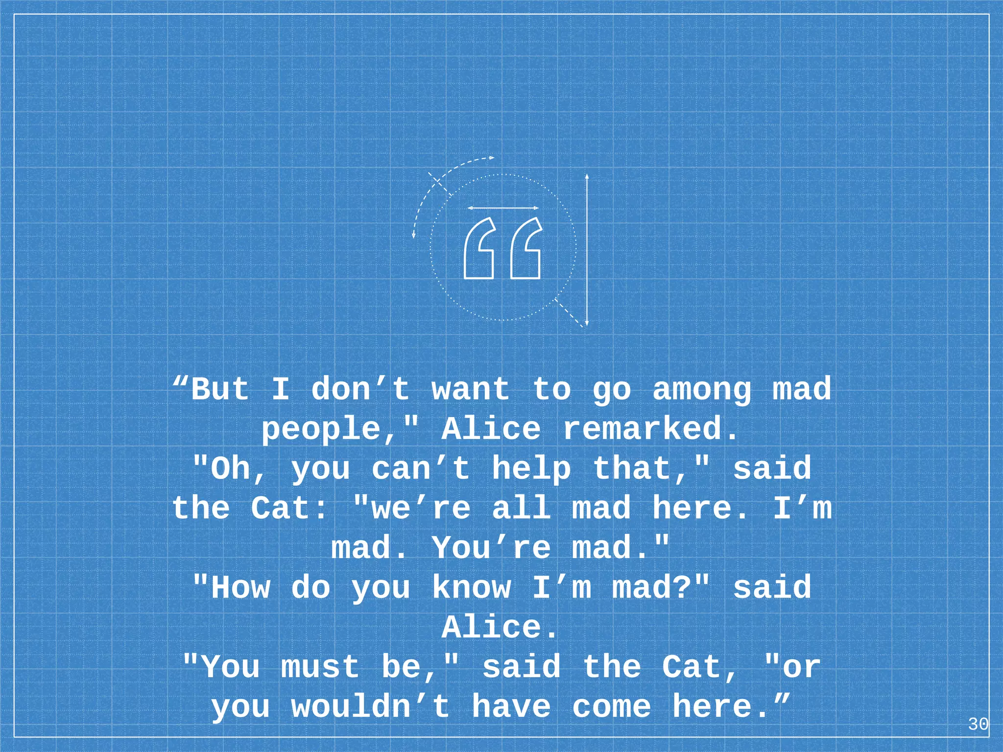 “But I don’t want to go among mad people," Alice remarked. "Oh, you can’t help that," said the Cat: "we’re all mad here. I’m mad. You’re mad." "How do you know I’m mad?" said Alice. "You must be," said the Cat, "or you wouldn’t have come here.” 30 