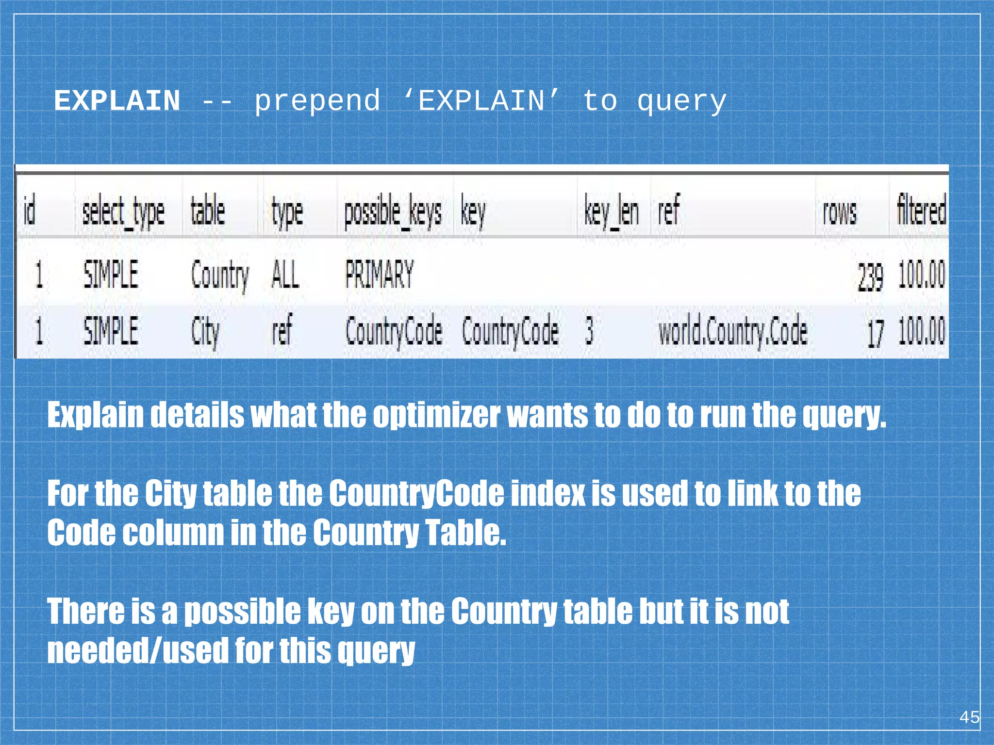 EXPLAIN -- prepend ‘EXPLAIN’ to query Explain details what the optimizer wants to do to run the query. For the City table the CountryCode index is used to link to the Code column in the Country Table. There is a possible key on the Country table but it is not needed/used for this query 45 