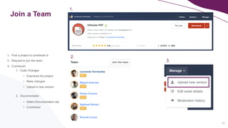Join a Team
18
1. Find a project to contribute to
2. Request to join the team
3. Contribute!
1. Code Changes
2. Documentation
• Download the project
• Make changes
• Upload a new version
• Select Documentation tab
• Contribute!
1.
2.
3.
 
