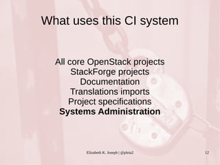 What uses this CI system 
All core OpenStack projects 
StackForge projects 
Documentation 
Translations imports 
Project specifications 
Systems Administration 
Elizabeth K. Joseph | @pleia2 12 
 