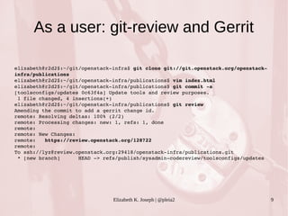 As a user: git-review and Gerrit 
Elizabeth K. Joseph | @pleia2 9 
elizabeth@r2d2$:~/git/openstack­infra$ 
git clone git://git.openstack.org/openstack­infra/ 
publications 
elizabeth@r2d2$:~/git/openstack­infra/ 
publications$ vim index.html 
elizabeth@r2d2$:~/git/openstack­infra/ 
publications$ git commit ­a 
[toolsconfigs/updates 0c63f4a] Update tools and review purposes. 
1 file changed, 4 insertions(+) 
elizabeth@r2d2$:~/git/openstack­infra/ 
publications$ git review 
Amending the commit to add a gerrit change id. 
remote: Resolving deltas: 100% (2/2) 
remote: Processing changes: new: 1, refs: 1, done 
remote: 
remote: New Changes: 
remote: https://review.openstack.org/128722 
remote: 
To ssh://lyz@review.openstack.org:29418/openstack­infra/ 
publications.git 
* [new branch] HEAD ­> 
refs/publish/sysadmin­codereview/ 
toolsconfigs/updates 
 
