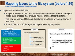 24
© 2018 Brent Laster@BrentCLaster
Mapping layers to the file system (before 1.10)
(credit: winsock.io/explaining docker-image-ids/)
▪ Layer – alternative definition
▪ A layer is a delta or “diff” that results when commandsare run during the
image build process that produce new or changed files/directories
▪ The new or changed files and directories are stored or ‘committed’ as a
new layer
▪ Prior to Docker 1.10, images and layers were synonymous
ID: fdf9d70e7ba7
Parent: dc89c90bfea
Name: alpine/helm:latest
ID: dc89c90bfea
Parent: ead53b4e9ff
Name: “ ”
ID: ead53b4e9ff
Parent: “ “
Name: “ ”
/var/lib/docker/aufs/diff
fdf9d70e7ba7 …
dc89c90bfea …
ead53b4e9ff …
Image Layers
$ docker inspectalpine/helm:latest
[
{
“Id”: “fdf9d70e7ba72e3a74b
“Parent”: “dc89c90bfea235
…
…
}
]
Inspect
 