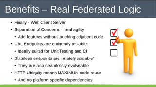 Click to edit – Real Federated Logic
Benefits Master title style
●

Finally - Web Client Server

●

Separation of Concerns = real agility
●

●

URL Endpoints are eminently testable
●

●

They are also seamlessly evolveable

HTTP Ubiquity means MAXIMUM code reuse
●

44

Ideally suited for Unit Testing and CI

Stateless endpoints are innately scalable*
●

●

Add features without touching adjacent code

And no platform specific dependencies

 