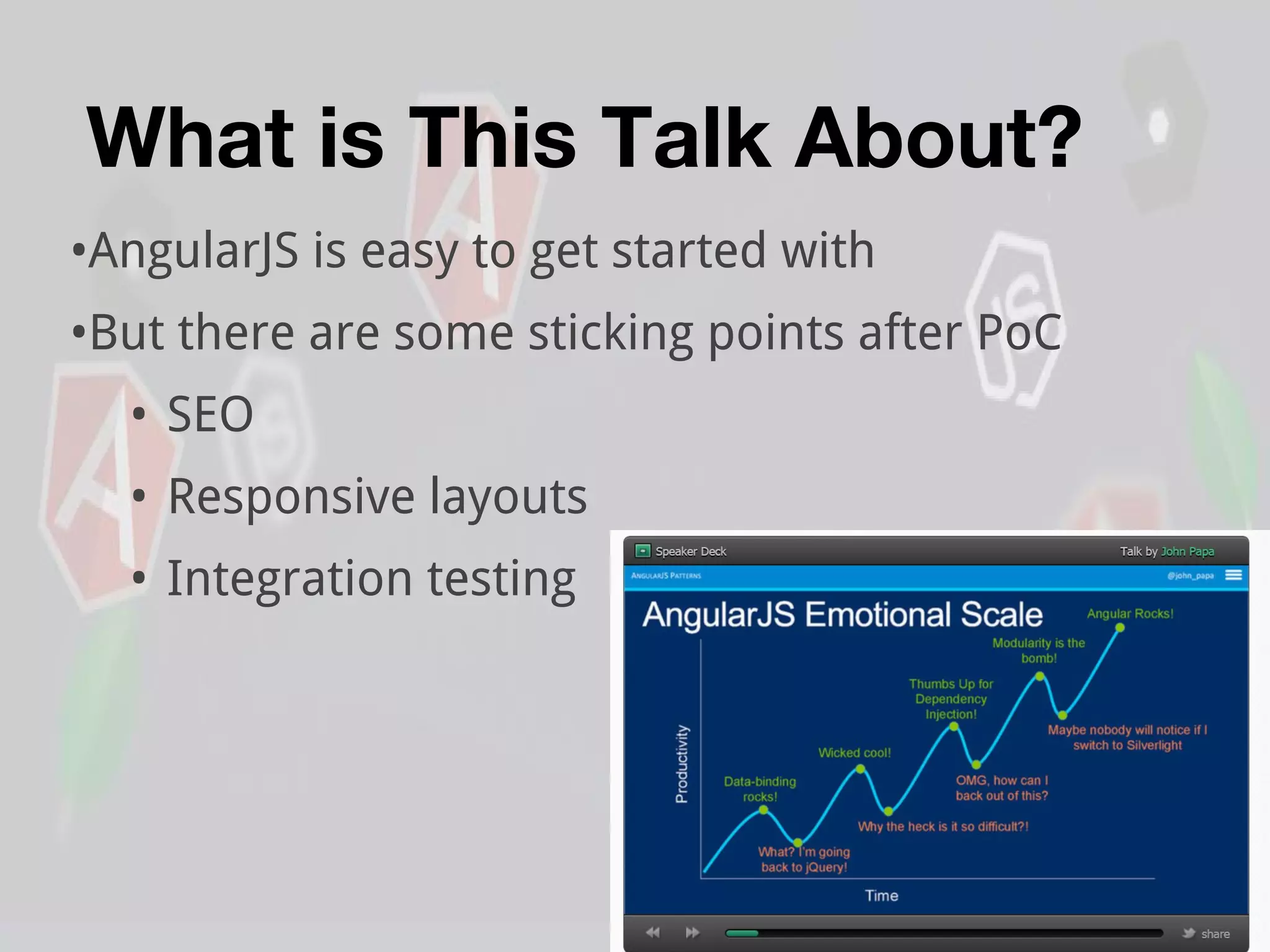 What is This Talk About?
•AngularJS is easy to get started with
•But there are some sticking points after PoC
• SEO
• Responsive layouts
• Integration testing
 