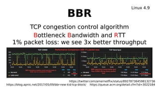BBR
TCP congestion control algorithm
Bottleneck Bandwidth and RTT
1% packet loss: we see 3x better throughput
Linux 4.9
https://twitter.com/amernetflix/status/892787364598132736
https://blog.apnic.net/2017/05/09/bbr-new-kid-tcp-block/ https://queue.acm.org/detail.cfm?id=3022184
 