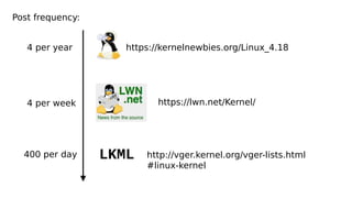 https://kernelnewbies.org/Linux_4.18
https://lwn.net/Kernel/
Post frequency:
4 per year
4 per week
http://vger.kernel.org/vger-lists.html
#linux-kernel
LKML400 per day
 