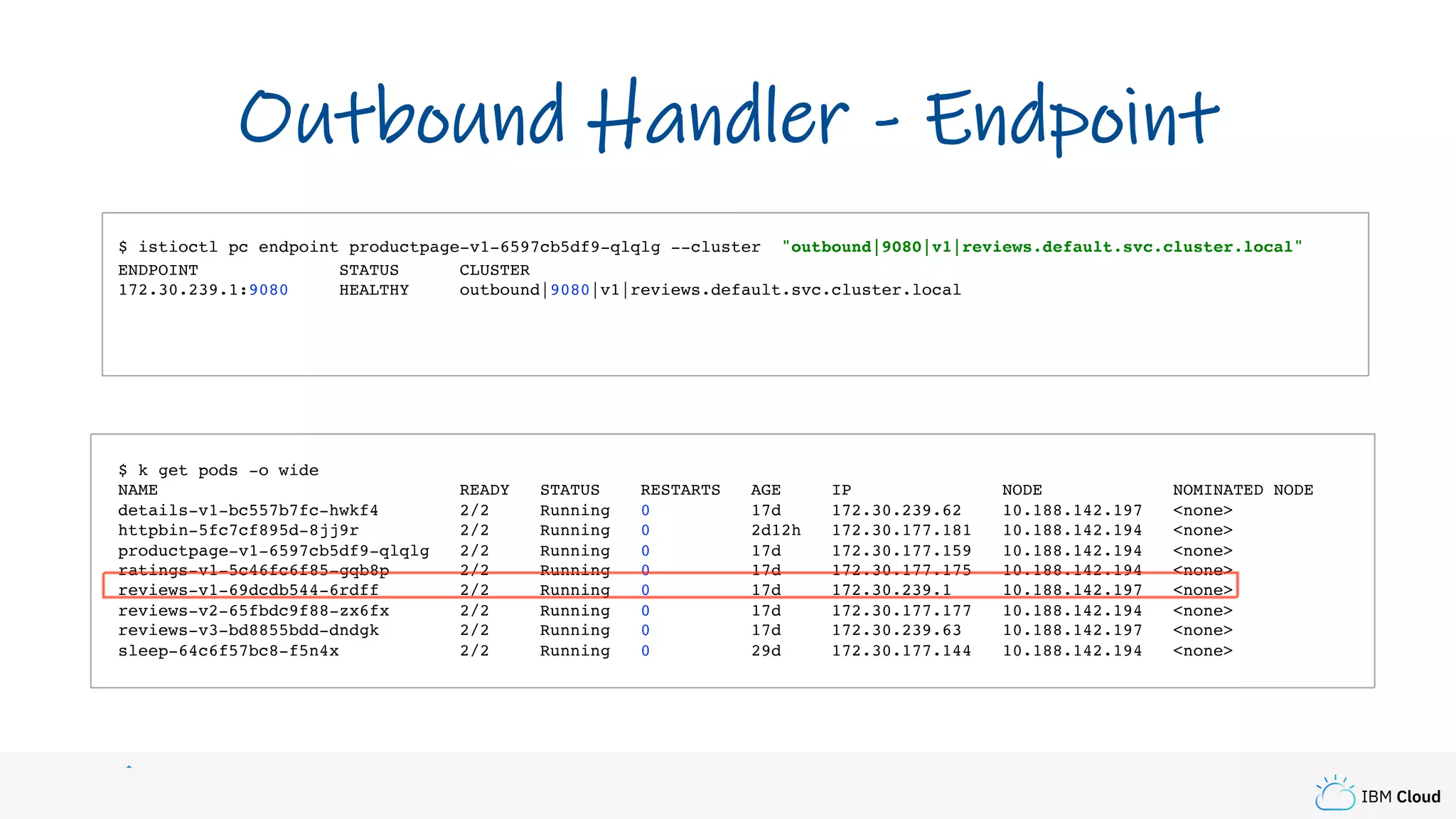 IBM Cloud
$ istioctl pc endpoint productpage-v1-6597cb5df9-qlqlg --cluster "outbound|9080|v1|reviews.default.svc.cluster.local"
ENDPOINT STATUS CLUSTER
172.30.239.1:9080 HEALTHY outbound|9080|v1|reviews.default.svc.cluster.local
$ k get pods -o wide
NAME READY STATUS RESTARTS AGE IP NODE NOMINATED NODE
details-v1-bc557b7fc-hwkf4 2/2 Running 0 17d 172.30.239.62 10.188.142.197 <none>
httpbin-5fc7cf895d-8jj9r 2/2 Running 0 2d12h 172.30.177.181 10.188.142.194 <none>
productpage-v1-6597cb5df9-qlqlg 2/2 Running 0 17d 172.30.177.159 10.188.142.194 <none>
ratings-v1-5c46fc6f85-gqb8p 2/2 Running 0 17d 172.30.177.175 10.188.142.194 <none>
reviews-v1-69dcdb544-6rdff 2/2 Running 0 17d 172.30.239.1 10.188.142.197 <none>
reviews-v2-65fbdc9f88-zx6fx 2/2 Running 0 17d 172.30.177.177 10.188.142.194 <none>
reviews-v3-bd8855bdd-dndgk 2/2 Running 0 17d 172.30.239.63 10.188.142.197 <none>
sleep-64c6f57bc8-f5n4x 2/2 Running 0 29d 172.30.177.144 10.188.142.194 <none>
Outbound Handler - Endpoint
 
