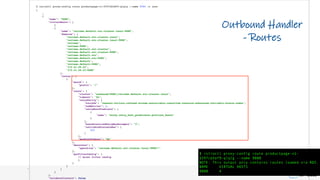 IBM Cloud
$ istioctl proxy-config route productpage-v1-6597cb5df9-qlqlg --name 9080 -o json
[
…
{
"name": "9080",
"virtualHosts": [
{
{
"name": "reviews.default.svc.cluster.local:9080",
"domains": [
"reviews.default.svc.cluster.local",
"reviews.default.svc.cluster.local:9080",
"reviews",
"reviews:9080",
"reviews.default.svc.cluster",
"reviews.default.svc.cluster:9080",
"reviews.default.svc",
"reviews.default.svc:9080",
"reviews.default",
"reviews.default:9080",
"172.21.29.23",
"172.21.29.23:9080"
],
"routes": [
{
"match": {
"prefix": "/"
},
"route": {
"cluster": "outbound|9080||reviews.default.svc.cluster.local",
"timeout": "0s",
"retryPolicy": {
"retryOn": "connect-failure,refused-stream,unavailable,cancelled,resource-exhausted,retriable-status-codes",
"numRetries": 2,
"retryHostPredicate": [
{
"name": "envoy.retry_host_predicates.previous_hosts"
}
],
"hostSelectionRetryMaxAttempts": "3",
"retriableStatusCodes": [
503
]
},
"maxGrpcTimeout": "0s"
},
"decorator": {
"operation": "reviews.default.svc.cluster.local:9080/*"
},
"perFilterConfig": {
// mixer filter config
}
}
}
]
}
],
"validateClusters": false
Outbound Handler
- Routes
$ istioctl proxy-config route productpage-v1-
6597cb5df9-qlqlg --name 9080
NOTE: This output only contains routes loaded via RDS.
NAME VIRTUAL HOSTS
9080 4
 