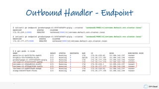 IBM Cloud
$ istioctl pc endpoint productpage-v1-6597cb5df9-qlqlg --cluster "outbound|9080|v1|reviews.default.svc.cluster.local"
ENDPOINT STATUS CLUSTER
172.30.239.1:9080 HEALTHY outbound|9080|v1|reviews.default.svc.cluster.local
$ istioctl pc endpoint productpage-v1-6597cb5df9-qlqlg --cluster "outbound|9080|v2|reviews.default.svc.cluster.local"
ENDPOINT STATUS CLUSTER
172.30.177.177:9080 HEALTHY outbound|9080|v2|reviews.default.svc.cluster.local
$ k get pods -o wide
NAME READY STATUS RESTARTS AGE IP NODE NOMINATED NODE
details-v1-bc557b7fc-hwkf4 2/2 Running 0 17d 172.30.239.62 10.188.142.197 <none>
httpbin-5fc7cf895d-8jj9r 2/2 Running 0 2d12h 172.30.177.181 10.188.142.194 <none>
productpage-v1-6597cb5df9-qlqlg 2/2 Running 0 17d 172.30.177.159 10.188.142.194 <none>
ratings-v1-5c46fc6f85-gqb8p 2/2 Running 0 17d 172.30.177.175 10.188.142.194 <none>
reviews-v1-69dcdb544-6rdff 2/2 Running 0 17d 172.30.239.1 10.188.142.197 <none>
reviews-v2-65fbdc9f88-zx6fx 2/2 Running 0 17d 172.30.177.177 10.188.142.194 <none>
reviews-v3-bd8855bdd-dndgk 2/2 Running 0 17d 172.30.239.63 10.188.142.197 <none>
sleep-64c6f57bc8-f5n4x 2/2 Running 0 29d 172.30.177.144 10.188.142.194 <none>
Outbound Handler - Endpoint
 