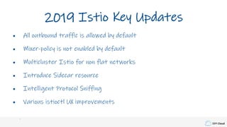 IBM Cloud
2019 Istio Key Updates
• All outbound traffic is allowed by default
• Mixer-policy is not enabled by default
• Multicluster Istio for non flat networks
• Introduce Sidecar resource
• Intelligent Protocol Sniffing
• Various istioctl UX improvements
 