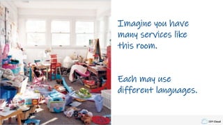 IBM Cloud
Imagine you have
many services like
this room.
Each may use
different languages.
 