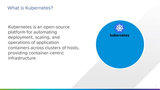 4
Kubernetes is an open-source
platform for automating
deployment, scaling, and
operations of application
containers acros...