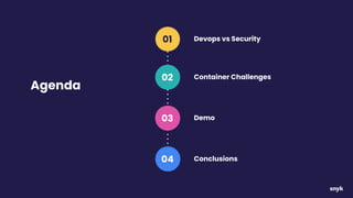 Agenda
Devops vs Security
Container Challenges
Demo
01
02
03
04 Conclusions
 