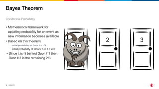 ©2023 F5
32
Conditional Probability
Bayes Theorem
• Mathematical framework for
updating probability for an event as
new information becomes available
• Based on this theorem
• Initial probability of Door 2 = 1/3
• Initial probability of Doors 1 or 3 = 2/3
• Since it isn’t behind Door # 1 then
Door # 3 is the remaining 2/3
1 3
2
 