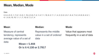 ©2023 F5
8
Mean, Median, Mode
Data:
2, 6, 4, 9, 5, 1, 7, 8, 1, 9, 9, 1, 10, 2, 9, 6, 7, 2, 1, 4, 7, 1, 10, 9, 2, 7, 1, 1, 4, 3, 5, 6, 3, 8, 1, 8, 4, 7, 6, 3, 9, 9, 9, 4, 9, 1,
4, 1, 9, 8, 10, 10, 1, 1, 1, 7, 10, 9, 7, 3, 7, 4
Mean = 5.444
Or is it 4.130 or 2.791?
Median:
Represents the middle
value in a set of ordered
data
Mean:
Measure of central
tendency, represents
average value of a set of
data
Mode:
Value that appears most
frequently in a set of data
 