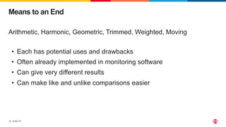 ©2023 F5
9
Arithmetic, Harmonic, Geometric, Trimmed, Weighted, Moving
Means to an End
• Each has potential uses and drawbacks
• Often already implemented in monitoring software
• Can give very different results
• Can make like and unlike comparisons easier
 