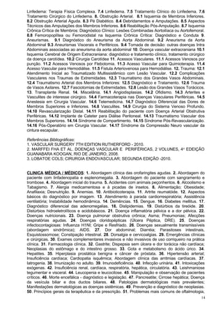 Linfedema: Terapia Física Complexa. 7.4 Linfedema. 7.5 Tratamento Clínico do Linfedema. 7.6
Tratamento Cirúrgico do Linfedema. 8. Obstrução Arterial. 8.1 Isquemia de Membros Inferiores.
8.2 Obstrução Arterial Aguda. 8.3 Pé Diabético. 8.4 Debridamentos e Amputações. 8.5 Aspectos
Técnicos das Amputações dos Membros Inferiores. 8.6 Reabilitação Pós-Amputação. 8.7 Isquemia
Crônica Crítica de Membros: Diagnóstico Clínico: Lesões Combinadas Aortoilíaca ou Aortofemoral.
8.8 Femoropoplítea ou Femorodistal na Isquemia Crônica Crítica: Diagnóstico e Conduta 9.
Aneurismas. 9.1 Diagnóstico do Aneurisma da Aorta Abdominal. 9.2 Aneurisma da Aorta
Abdominal 9.3 Aneurismas Viscerais e Periféricos. 9.4 Tomada de decisão: outras doenças Intra
Abdominais associadas ao aneurisma da aorta abdominal 10. Doença vascular extracraniana 10.1
Isquemia Cerebral de Origem Extracraniana: diagnóstico e tratamento clínico, tratamento cirúrgico
da doença carotídea. 10.2 Cirurgia Carotídea 11. Acessos Vasculares. 11.1 Acessos Venosos por
punção. 11.2 Acessos Venosos por Flebotomia. 11.3 Acesso Vascular para Quimioterapia. 11.4
Acesso Vascular para Hemodiálise. 11.5 Fistula Arteriovenosa para Hemodiálise. 12. Trauma: 12.1
Atendimento Inicial ao Traumatizado Multissistêmico com Lesão Vascular. 12.2 Complicações
Vasculares nos Traumas de Extremidades. 12.3 Traumatismo dos Grandes Vasos Abdominais.
12.4 Traumatismo Arterial dos Membros Inferiores: 12.5 Diagnóstico e Tratamento. 12.6 Trauma
de Vasos Axilares. 12.7 Fasciotomias de Extremidades. 12.8 Lesão dos Grandes Vasos Torácicos.
13. Transplante Renal. 14. Miscelânia. 14.1 Angiodisplasias. 14.2 Ofidismo. 14.3 Arterites e
Vasculites de interesse cirúrgico. 14.4 Farmacoterapia nas Doenças Vasculares Periféricas. 14.5
Anestesia em Cirurgia Vascular. 14.6 Telemedicina. 14.7 Diagnóstico Diferencial das Dores de
Membros Superiores e Inferiores. 14.8 Vasculites. 14.9 Cirurgia do Sistema Venoso Profundo.
14.10 Revascularização Distal. 14.11 Reabilitação do paciente com Doença Arterial Obstrutiva
Periféricas. 14.12 Implante de Cateter para Diálise Peritoneal. 14.13 Traumatismo Vascular dos
Membros Superiores. 14.14 Síndrome de Compartimento. 14.15 Síndrome Pós-Revascularização.
14.16 Pós-Operatório em Cirurgia Vascular. 14.17 Síndrome da Compressão Neuro vascular da
cintura escapular.

Referências Bibliográficas:
1. VASCULAR SURGERY 7TH EDITION RUTHERFORD - 2010.
2. MARFFEI FHA ET AL. DOENÇAS VASCULAR E PERIFÉRICAS, 2 VOLUNES, 4ᵒ EDEIÇÃO
GUANABARA KOOGAN, RIO DE JANEIRO, 2008.
3. LOBATOE COLS; CIRURGIA ENDOVASCULAR; SEGUNDA EDIÇÃO -2010.


CLINICA MÉDICA / MÉDICOS: 1. Abordagem clínica das orofaringites agudas. 2. Abordagem do
paciente com linfadenopatia e esplenomegalia. 3. Abordagem do paciente com sangramento e
trombose. 4. Abordagem inicial do trauma. 5. Acidentes com animais peçonhentos. 6. Alcoolismo e
Tabagismo. 7. Alergia medicamentosa e à picadas de insetos. 8. Alimentação; Obesidade;
Anafilaxia; Desnutrição. 9. Anemias. 10. Antibioticoterapia. 11. Artrite reumatóide. 12. Aspectos
básicos do diagnóstico por imagem. 13. Atendimento à parada cardiorrespiratória; Assistência
ventilatória; Instabilidade hemodinâmica. 14. Demências. 15. Dengue. 16. Diabetes mellitus. 17.
Diagnóstico diferencial das adenomegalias. 18. Dislipidemias. 19. Distúrbios da tireóide. 20.
Distúrbios hidroeletrolíticos e acidobásicos. 21. Doença inflamatória pélvica e a dor pélvica. 22.
Doenças nutricionais. 23. Doença pulmonar obstrutiva crônica; Asma; Pneumonias; Afecções
respiratórias agudas. 24. Doenças cloridopépticas (Úlcera Péptica, DRE). 25. Doenças
infectocontagiosas: Influenza H1NI; Gripe e Resfriado. 26. Doenças sexualmente transmissíveis
(abordagem sindrômica); AIDS. 27. Dor abdominal; Diarréia; Parasitoses intestinais,
Esquistossomose; Constipação intestinal. 28. Dorsalgia e cervicoalgias. 29. Emergências clínicas
e cirúrgicas. 30. Exames complementares invasivos e não invasivos de uso corriqueiro na prática
clínica. 31. Farmacologia clínica. 32. Gastrite; Dispepsia sem úlcera e dor torácica não cardíaca;
Neoplasias do estômago e do intestino grosso. 33. Gota e metabolismo do ácido úrico. 34.
Hepatites. 35. Hiperplasia prostática benigna e câncer de próstata. 36. Hipertensão arterial;
Insuficiência cardíaca; Cardiopatia isquêmica; Abordagem clínica das arritmias cardíacas. 37.
Iatrogenia. 38. Imunização no adulto. 39. Imunodeficiência. 40. Infecção urinária. 41. Intoxicações
exógenas. 42. Insuficiência renal, cardíaca, respiratória, hepática, circulatória. 43. Leishmaniose
tegumentar e visceral. 44. Leucopenia e leucocitose. 45. Manipulação e observação de pacientes
críticos. 46. Morte encefálica - diagnóstico e legislação. 47. Pancreatite; Cirrose hepática; Doença
da vesícula biliar e dos ductos biliares. 48. Patologias dermatológicas mais prevalentes;
Manifestações dermatológicas as doenças sistêmicas. 49. Prevenção e diagnóstico de neoplasias.
50. Princípios gerais da terapêutica e da prescrição. 51. Problemas mais comuns de oftalmologia,
                                                                                                  14
 