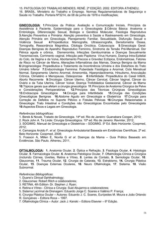 15. PATOLOGIA DO TRABALHO.MENDES, RENÉ. 2ª EDIÇÃO, 2002. EDITORA ATHENEU;
16. BRASIL. Ministério do Trabalho e Emprego. Normas Regulamentadoras de Segurança e
Saúde no Trabalho. Portaria Nº3214, de 08 de junho de 1978 e modificações;


GINECOLOGIA: 1.Princípios da Prática: Avaliação e Comunicação Iniciais, Princípios da
Assistência à Paciente, Epidemiologia para o Ginecologista 2.Ciência Básica: Anatomia e
Embriologia, Diferenciação Sexual, Biologia e Genética Molecular, Fisiologia Reprodutiva
3.Atenção Preventiva e Primária: Atenção preventiva à Saúde e Rastreamento em Ginecologia,
Atenção Primária em Ginecologia, Planejamento Familiar, Sexualidade, Disfunção Sexual e
Violência Sexual      4.Propedêutica: Mamografia, Ultrassonografia, Densitometria Óssea,
Tomografia, Ressonância Magnética, Citologia Oncótica, Colposcopia 5.Ginecologia Geral:
Doenças Benignas do Aparelho Reprodutivo Feminino, Síndrome da Tensão Pré-Menstrual, Dor
Pélvica aguda e crônica, Dismenorréia, Infecções Genitourinárias e Doenças Sexualmente
Transmissíveis, Corrimento vaginal, Infecção pelo Papiloma Vírus Humano, Doença Intra-Epitelial
do Colo, da Vagina e da Vulva, Abortamento Precoce e Gravidez Ectópica, Endometriose, Fatores
de Risco no Câncer de Mama, Alterações Inflamatórias das Mamas, Doença Benigna da Mama
6.Uroginecologia: Propedêutica e Tratamento da Incontinência Urinária e dos Distúrbios do Trato
Urinário Inferior 7.Endocrinologia Feminina: Puberdade Fisiológica e Anormal, Ciclo Menstrual
Normal, Sangramento Uterino Anormal, Amenorréia, Hiperprolactinemia, Hirsutismo, Anovulação
Crônica, Climatério e Menopausa, Osteoporose 8.Infertilidade: Propedêutica do Casal Infértil,
Aborto Recorrente 9.Oncologia: Câncer Uterino, Câncer Cervical, Câncer Vaginal, Câncer do
Ovário e da Tuba Uterina, Câncer Vulvar, Doença Trofoblástica Gestacional, Câncer da Mama
10.Tópicos gerais que afetam a cirurgia ginecológica 11.Princípios de Anatomia Cirúrgica da Pelve
e Considerações Perioperatórias         12.Princípios das Técnicas Cirúrgicas Ginecológicas
13.Endoscopia Ginecológica        14.Cirurgia para Infertilidade     15.Cirurgia das Condições
Ginecológicas Benignas 16.Abdome Agudo em Ginecologia e Obstetrícia 17.Cirurgia para
Correção de Defeitos no Suporte Pélvico e Fístulas Pélvicas 18.Cirurgias Relacionadas à
Ginecologia: Trato Intestinal e Condições não Ginecológicas Encontradas pelo Ginecologista
19.Aspectos Éticos e Legais em Ginecologia.

Referências bibliográficas:
1. Berek & Novak. Tratado de Ginecologia. 14ª ed. Rio de Janeiro: Guanabara Coogan, 2010;
2. Rock John A. Te Linde: Cirurgia Ginecológica. 10ª ed. Rio de Janeiro: Revinter, 2012;
3. SOGIMIG. Manual de Ginecologia e Obstetrícia – SOGIMIG. 5ª Ed. Belo Horizonte: Coopmed,
2012;
4. Camargos Aroldo F. et al. Ginecologia Ambulatorial Baseada em Evidências Científicas. 2ª ed.
Belo Horizonte: Coopmed, 2008;
5. Frasson A, Millen E, Novita G et al. Doenças da Mama – Guia Prático Baseado em
Evidências. São Paulo. Atheneu, 2011.


OFTALMOLOGIA: 1. Anatomia Ocular, 2. Óptica e Refração, 3. Fisiologia Ocular, 4. Histologia
Ocular, 5. Farmacologia Ocular, 6. Anatomia Patológica Ocular, 7. Oftalmologia Clínica e Cirúrgica
(incluindo Córnea, Uveítes, Retina e Vítreo, 8. Lentes de Contato, 9. Semiologia Ocular, 10.
Glaucomas, 11. Trauma Ocular, 12. Cirurgia de Catarata, 13. Estrabismo, 14. Cirurgia Plástica
Ocular, 15. Doenças Externas Oculares, 16. Neuro Oftalmologia, 17. Sistema. 18. Visão
Subnormal.

Referências Bibliográficas:
1. Duane’s Clinical Ophthalmology;
2. Glaucomas: Robert Ritch e colaboradores;
3. RETINA, 4th Edition- Dr. Stephen J. Ryan;
4. Retina e Vítreo - Clínica e Cirurgia: Suel Abujamra e colaboradores;
5. Sistema Lacrimal de Drenagem: Eduardo Jorge C. Soares e Valênio P. França;
6. Cirurgia Plástica Ocular – Autores: Eduardo J. C. Soares, Eurípedes M. Moura e João Orlando
R. Gonçalves – Editora Roca – 1997.
7. Oftalmologia Clínica – Autor: Jack J. Kanski – Editora Elsevier – 6ª Edição.


                                                                                                16
 
