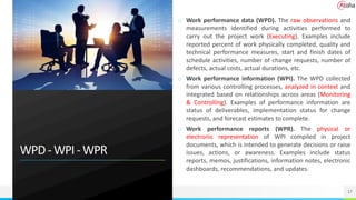 WPD-WPI-WPR
17
o Work performance data (WPD). The raw observations and
measurements identified during activities performed to
carry out the project work (Executing). Examples include
reported percent of work physically completed, quality and
technical performance measures, start and finish dates of
schedule activities, number of change requests, number of
defects, actual costs, actual durations, etc.
o Work performance information (WPI). The WPD collected
from various controlling processes, analyzed in context and
integrated based on relationships across areas (Monitoring
& Controlling). Examples of performance information are
status of deliverables, implementation status for change
requests, and forecast estimates to complete.
o Work performance reports (WPR). The physical or
electronic representation of WPI compiled in project
documents, which is intended to generate decisions or raise
issues, actions, or awareness. Examples include status
reports, memos, justifications, information notes, electronic
dashboards, recommendations, and updates.
 