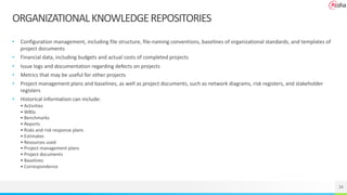 24
ORGANIZATIONALKNOWLEDGEREPOSITORIES
• Configuration management, including file structure, file-naming conventions, baselines of organizational standards, and templates of
project documents
• Financial data, including budgets and actual costs of completed projects
• Issue logs and documentation regarding defects on projects
• Metrics that may be useful for other projects
• Project management plans and baselines, as well as project documents, such as network diagrams, risk registers, and stakeholder
registers
• Historical information can include:
• Activities
• WBSs
• Benchmarks
• Reports
• Risks and risk response plans
• Estimates
• Resources used
• Project management plans
• Project documents
• Baselines
• Correspondence
 