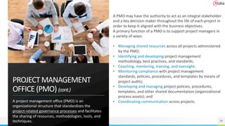 PROJECTMANAGEMENT
OFFICE(PMO)(cont.)
A project management office (PMO) is an
organizational structure that standardizes the
project-related governance processes and facilitates
the sharing of resources, methodologies, tools, and
techniques. 29
A PMO may have the authority to act as an integral stakeholder
and a key decision maker throughout the life of each project in
order to keep it aligned with the business objectives.
A primary function of a PMO is to support project managers in
a variety of ways:
• Managing shared resources across all projects administered
by the PMO;
• Identifying and developing project management
methodology, best practices, and standards;
• Coaching, mentoring, training, and oversight;
• Monitoring compliance with project management
standards, policies, procedures, and templates by means of
project audits;
• Developing and managing project policies, procedures,
templates, and other shared documentation (organizational
process assets); and
• Coordinating communication across projects.
 
