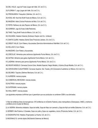 32) DEL VALLE: Jugo de Frutas (Jugos del Valle, S.A. de C.V.).
33) FLORIDA 7: Jugo (Jugos del Valle, S.A. de C.V.).
34) FRESQUIBON: Fresquibón (Sabritas, S.A. de C.V.).
35) KOOL AID: Kool Aid (Kraft Foods de México, S.A. de C.V.).
36) MAIZENA: Atole (Cocina Productos de Maíz, S.A. de C.V.).
37) PEPSI: Refresco de cola (Pepsico de México, S.A. de C.V.).
38) SONRISA: Jugo de frutas (Valle Redondo).
39) TANG: Tang (Kraft Foods de México, S.A. de C.V.).
40) HOLANDA: Helados Holanda (Andreson Clayton and Co.- Unilever).
41) SANTA CLARA: Helados (Santa Clara Productos Lácteos, S.A. de C.V.).
42) GREAT VALUE: Corn Flakes y Azucaradas (Servicios Administrativos Wall-Mart, S.A. de C.V.).
43) KELLOG´S: Corn Flakes.
44) MAIZORO: Corn Flakes y Azucaradas.
45) CRECILAC: Alimentos para cachorros (Agribrands Purina México, S.A. de C.V.).
46) GATINA: Alimento para gatos (Agribrands Purina México, S.A. de C.V.).
47) LADRINA: Alimento para perros (Agribrands Purina México, S.A. de C.V.)
48) GRUPO MODELO: Cervezas Corona Extra, Modelo Especial, Negra Modelo y Victoria (Grupo Modelo, S.A. de C.V.).
49) CERVECERIA CUAUHTEMOC: Cervezas Superior, Sol, Tecate y XX (Cervecería Cuahtémoc en México, S.A. de C.V.).
50) DELIMEX: Taquitos (Delimex Mexicana, S.A. de C.V.).
51) AURRERÁ: marcas propias.
52) COMERCIAL MEXICANA: marcas propias.
53) NUTRISA: marcas propias.
54) SUPERAMA: marcas propias.
55) WALL-MART: marcas propias.
Las siguientes empresas confirman que sí garantizan que sus productos no contienen OGM o sus derivados:
1) Red de tortillerías libres de trasngénicos: 570 tortillerías en el Distrito Federal y área metropolitana (Greenpeace, ANEC y molineros
y tortilleros de la Ciudad de México).
2) LA SIERRA: Alimentos enlatados, Sopa de tortilla, Sopa de fideo con camarón y Sopa de frijol con tortilla (Sabomex, S.A. de C.V.).
3) GERBER: Alta Proteína, 4 Cereales, Sopa con pollo y Sopa con vegetales y tocino (Productos Gerber, S.A. de C.V.).
4) CHASKAFRUTAS: Helados (Frigorizados La Huerta, S.A. de C.V.).
5) McDONALD´S: comida rápida (McDolands Sistemas de México).
 