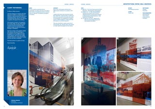 homehq - artarmon         homehq - artarmon	                                       architectural retail wall graphics

     client TESTIMONIAL                           BRIEF                                                  concept                                              info                                                           studio                    softwares
                                                  The DA conditions stipulated that the                  Each of the 3 wall graphics reflected the 3          01:  all One - The Council Depot period [© Brett
                                                                                                                                                                  W                                                          Rice Daubney Architects   InDesign
                                                  interestingly rich history of the site, from being a   different uses and period of occupation of the           Boardman - Brett Boardman Photography].                                              Photoshop
     To Whom it May Concern,                                                                                                                                                                                                 client
                                                  Brick Factory to Engineering Factory to Council        site.                                                02:  raphic Four - In 1948, Federated British
                                                                                                                                                                  G
                                                  Depot be reflected in the graphics throughout                                                                   engineers purchased th site to build an                    Charter Hall              photographers
     I had the pleasure of working with Atol
                                                  the building.                                          4 distinct bold colours were used (such as Dark          engineering factory. Printed stickers applied                                        Brett Boardman
     Dupuche in 2009 on a retail project in
                                                                                                         Blue, Bright Blue, Orange and Red. A middle tone         to Glazing doors [© Brett Boardman - Brett                                           Simon Grimes
     Artarmon, Sydney where the site has an
                                                                                                         Grey colour was used for informative text.) within       Boardman Photography].                                                               at Rice Daubney
     interesting history. The DA Conditions
     stipulated that this history was reflected                                                          the photographic and typographical montage to        03 - 04:  all Two and Three - Reflecting the
                                                                                                                                                                       W                                                                               Architects
     in graphics throughout the building.                                                                give the 3 different graphics a modern feel while             Brick era and the Engineering era [©
                                                                                                         still keeping to an industrial approach.                      Rice Daubney Architects].
     Atol became involved in the graphics
     at an early stage. He was responsible                                                               They were all printed on coarse canvas and in
     for sourcing and purchasing original                                                                one particular case, specific photos were printed
     material as well as developing the                                                                  on Acrylic panels and applied onto the canvas.
     graphic design concept and seeing it
     through to installation.

     Atol took charge of the graphic design
     with passion and was thorough in
     his research of the images and their
     suitability to be converted into large
     scale graphics. His input into quality;
     material selection; composition; colour
01   and text has been invaluable.                01                                                                                                          02                                                  03

     The final product is a great success.

     Yours sincerely,




                                                                                                                                                                                                                  04




             chelsea dawson
             associate
             rice daubney architects


14                                                                                                                                                                                                                                                                  15
 