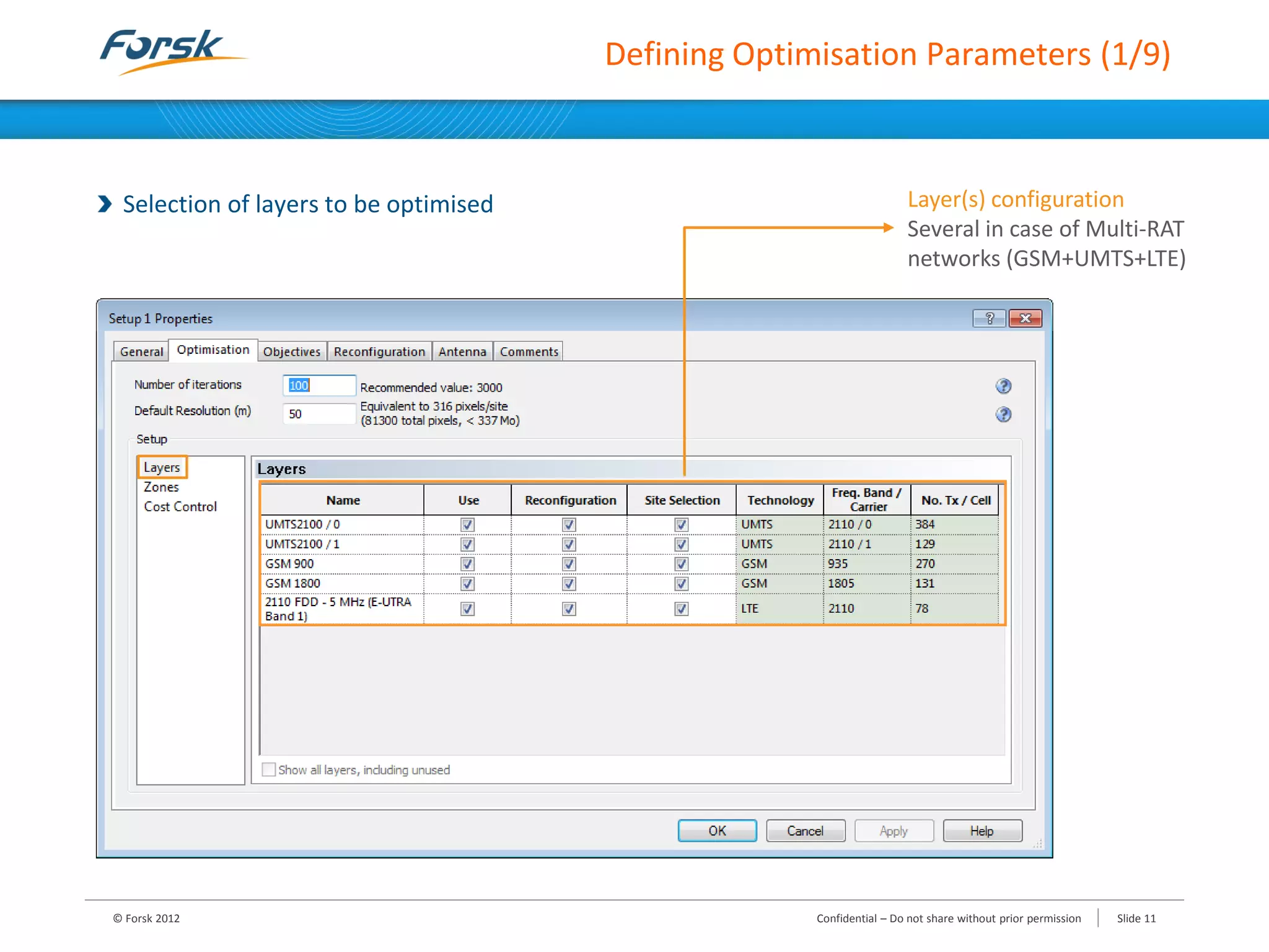 Defining Optimisation Parameters (1/9)
Selection of layers to be optimised
© Forsk 2012 Slide 11Confidential – Do not share without prior permission
Layer(s) configuration
Several in case of Multi-RAT
networks (GSM+UMTS+LTE)
 