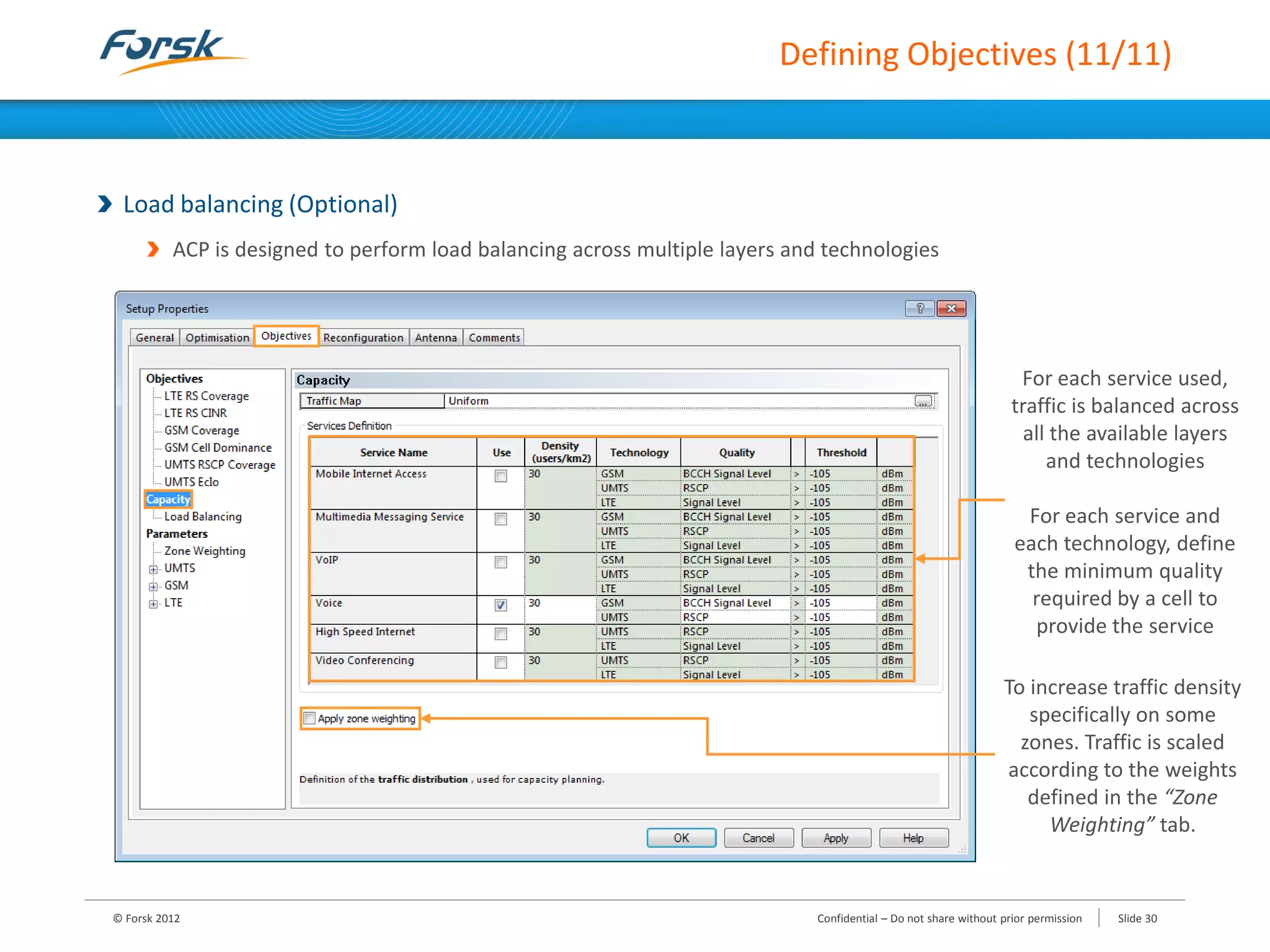 Defining Objectives (11/11)
Load balancing (Optional)
ACP is designed to perform load balancing across multiple layers and technologies
© Forsk 2012 Slide 30Confidential – Do not share without prior permission
For each service used,
traffic is balanced across
all the available layers
and technologies
For each service and
each technology, define
the minimum quality
required by a cell to
provide the service
To increase traffic density
specifically on some
zones. Traffic is scaled
according to the weights
defined in the “Zone
Weighting” tab.
 