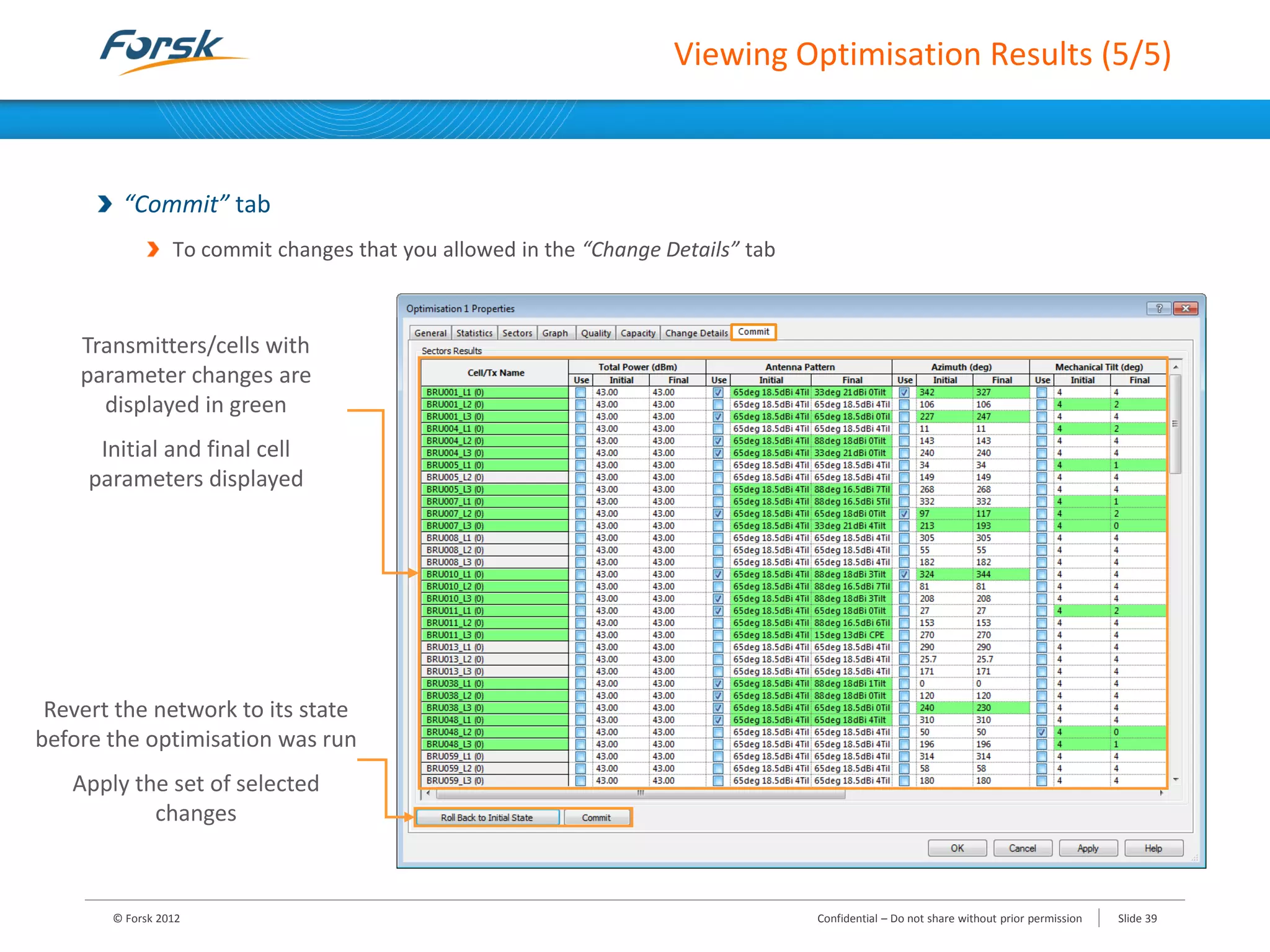Viewing Optimisation Results (5/5)
“Commit” tab
To commit changes that you allowed in the “Change Details” tab
© Forsk 2012 Slide 39Confidential – Do not share without prior permission
Transmitters/cells with
parameter changes are
displayed in green
Initial and final cell
parameters displayed
Revert the network to its state
before the optimisation was run
Apply the set of selected
changes
 