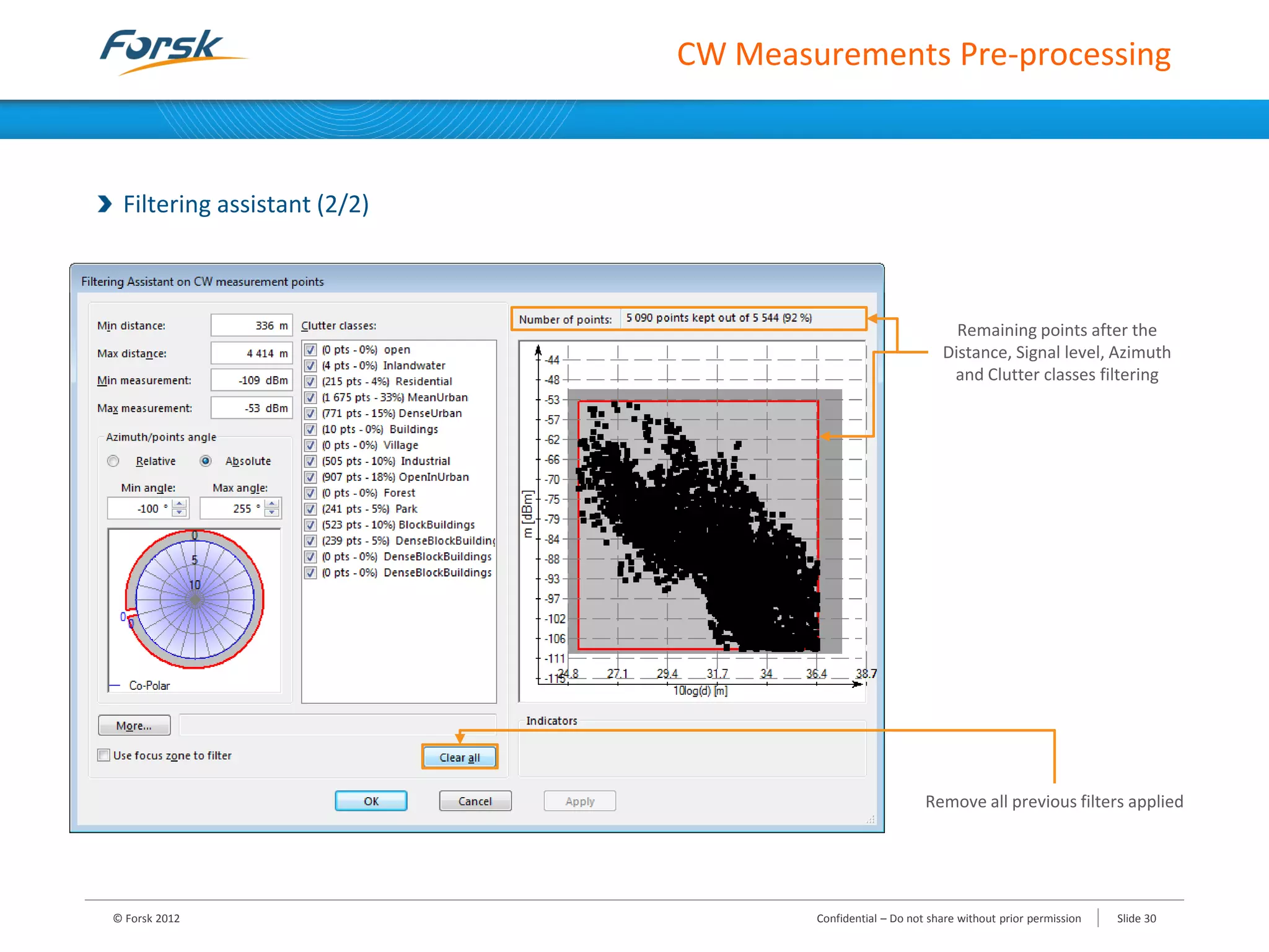 CW Measurements Pre-processing
Filtering assistant (2/2)
Remaining points after the
Distance, Signal level, Azimuth
and Clutter classes filtering
Remove all previous filters applied
© Forsk 2012 Confidential – Do not share without prior permission Slide 30
 