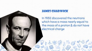 James chadwick
In 1932 discovered the neutrons
which have a mass nearly equal to
the mass of a proton & do not have
electrical charge
 
