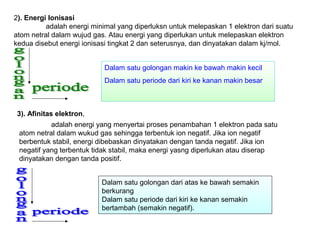 Dalam satu golongan makin ke bawah makin kecil
Dalam satu periode dari kiri ke kanan makin besar
2). Energi Ionisasi
adalah energi minimal yang diperluksn untuk melepaskan 1 elektron dari suatu
atom netral dalam wujud gas. Atau energi yang diperlukan untuk melepaskan elektron
kedua disebut energi ionisasi tingkat 2 dan seterusnya, dan dinyatakan dalam kj/mol.
Dalam satu golongan dari atas ke bawah semakin
berkurang
Dalam satu periode dari kiri ke kanan semakin
bertambah (semakin negatif).
3). Afinitas elektron,
adalah energi yang menyertai proses penambahan 1 elektron pada satu
atom netral dalam wukud gas sehingga terbentuk ion negatif. Jika ion negatif
berbentuk stabil, energi dibebaskan dinyatakan dengan tanda negatif. Jika ion
negatif yang terbentuk tidak stabil, maka energi yasng diperlukan atau diserap
dinyatakan dengan tanda positif.
 