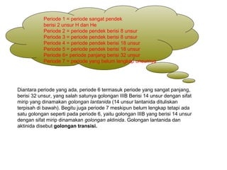 Periode 1 = periode sangat pendek
berisi 2 unsur H dan He
Periode 2 = periode pendek berisi 8 unsur
Periode 3 = periode pendek berisi 8 unsur
Periode 4 = periode pendek berisi 18 unsur
Periode 5 = periode pendek berisi 18 unsur
Periode 6= periode panjang berisi 32 unsur
Periode 7 = periode yang belum lengkap unsurnya
Diantara periode yang ada, periode 6 termasuk periode yang sangat panjang,
berisi 32 unsur, yang salah satunya golongan IIIB Berisi 14 unsur dengan sifat
mirip yang dinamakan golongan lantanida (14 unsur lantanida dituliskan
terpisah di bawah). Begitu juga periode 7 meskipun belum lengkap tetapi ada
satu golongan seperti pada periode 6, yaitu golongan IIIB yang berisi 14 unsur
dengan sifat mirip dinamakan golongan aktinida. Golongan lantanida dan
aktinida disebut golongan transisi.
 