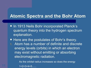 Atomic Spectra and the Bohr Atom In 1913 Neils Bohr incorporated Planck’s quantum theory into the hydrogen spectrum explanation. Here are the postulates of Bohr’s theory. Atom has a number of definite and discrete energy levels (orbits) in which an electron may exist without emitting or absorbing electromagnetic radiation. As the orbital radius increases so does the energy 1<2<3<4<5...... 