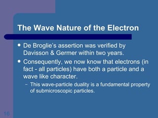 The Wave Nature of the Electron De Broglie’s assertion was verified by Davisson & Germer within two years. Consequently, we now know that electrons (in fact - all particles) have both a particle and a wave like character. This wave-particle duality is a fundamental property of submicroscopic particles. 