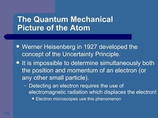 The Quantum Mechanical  Picture of the Atom Werner Heisenberg in 1927 developed the concept of the Uncertainty Principle. It is impossible to determine simultaneously both the position and momentum of an electron (or any other small particle). Detecting an electron requires the use of electromagnetic radiation which displaces the electron!  Electron microscopes use this phenomenon 