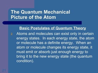 The Quantum Mechanical  Picture of the Atom Basic Postulates of Quantum Theory Atoms and molecules can exist only in certain energy states.  In each energy state, the atom or molecule has a definite energy.  When an atom or molecule changes its energy state, it must emit or absorb just enough energy to bring it to the new energy state (the quantum condition). 