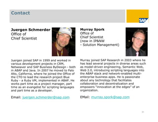Contact


Juergen Schmerder                                 Murray Spork
Office of                                         Office of
Chief Scientist                                   Chief Scientist
                                                  (now in IP&NW
                                                  - Solution Management)



Juergen joined SAP in 1999 and worked in          Murray joined SAP Research in 2003 where he
various development projects in CRM,              has lead several projects in diverse areas such
Netweaver and SAP Business ByDesign - both        as model-driven engineering, Semantic Web,
in ABAP and Java. In 2007 he moved to Palo        Web 2.0, introducing scripting languages into
Alto, California, where he joined the Office of   the ABAP stack and network-enabled multi-
the CTO to lead the research project Blue         enterprise business apps. He is passionate
Ruby - a Ruby VM, implemented in ABAP. He         about any technology that facilitates
works part time as a project manager, part        collaboration and decentralization and
time as an evangelist for scripting languages     empowers “innovation at the edges” of an
and part time as a developer.                     organization.

Email: juergen.schmerder@sap.com                  EMail: murray.spork@sap.com



                                                                                              31
 