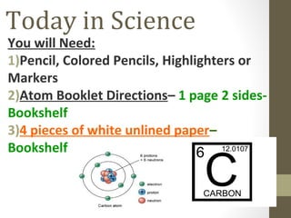 Today in Science
You will Need:
1)Pencil, Colored Pencils, Highlighters or
Markers
2)Atom Booklet Directions– 1 page 2 sides-
Bookshelf
3)4 pieces of white unlined paper–
Bookshelf
 