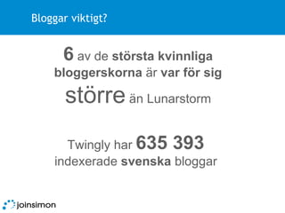 Bloggar viktigt? Twingly har  635 393  indexerade  svenska  bloggar 6  av de  största kvinnliga bloggerskorna  är  var för sig   större  än Lunarstorm 