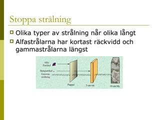 Stoppa strålning
Olika typer av strålning når olika långt
 Alfastrålarna har kortast räckvidd och
gammastrålarna längst


2014-01-21

Malin Åhrby, Furulunds skola Lunden

12

 